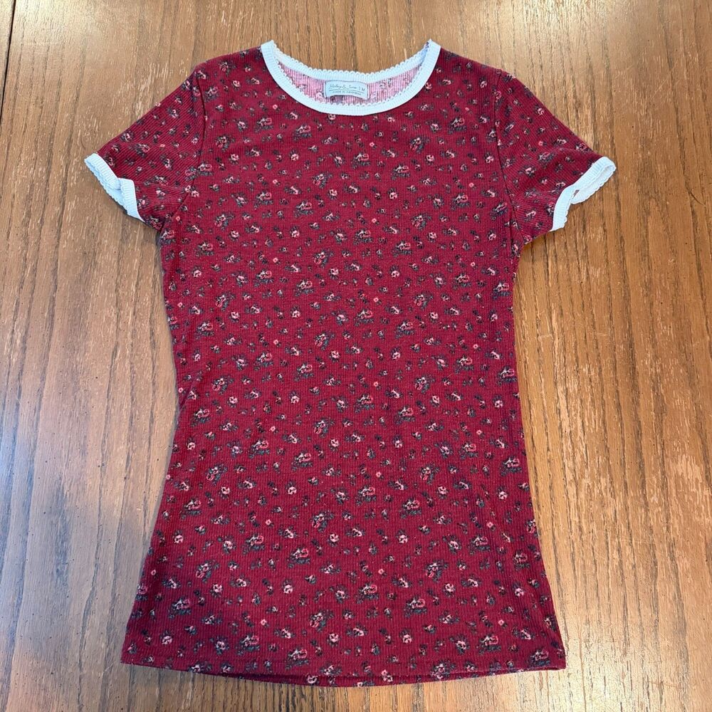 Haley & June Girls M Red Ditsy Floral Ribbed Tee Cottagecore Short Sleeve M
